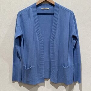 WOOLOVERS Women Cardigan XS Blue Merino Wool Cashmere Open Front Ribbed Classic